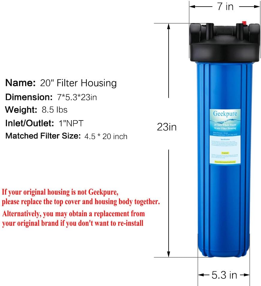 Geekpure 20 Inch Whole House Water Filter Housing -Blue Clour -1" NPT Plastic Port -Fit 4.5 x 20 Inch Filter