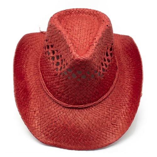 Image of Men & Women's Summer Cowboy Cowgirl Straw Hat Hollow Out Woven Roll Up Wide Brim Sun Hat with Chin Strap