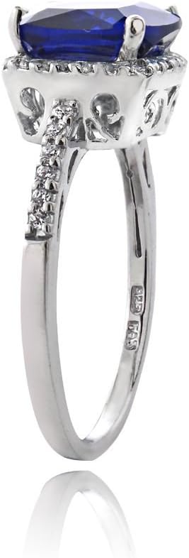 Ice Gems Sterling Silver Created Blue Sapphire and Cubic Zirconia Cushion-Cut Halo Ring - Image 2