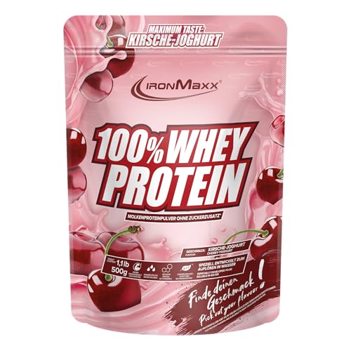 IronMaxx 100% Whey Protein Pulver 500g - Kirsche Joghurt | Cremiger Eiweißshake mit BCAAs & EAAs | High Protein, Low Carb & zuckerarm | Ideal für Muskelaufbau & Fitness Design kann variieren
