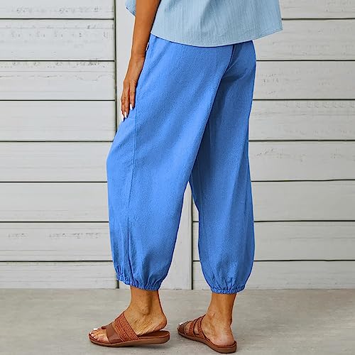 Women's Cropped Drawstring Waist Wide Leg Loose Cotton Linen Capri Pants for Women4