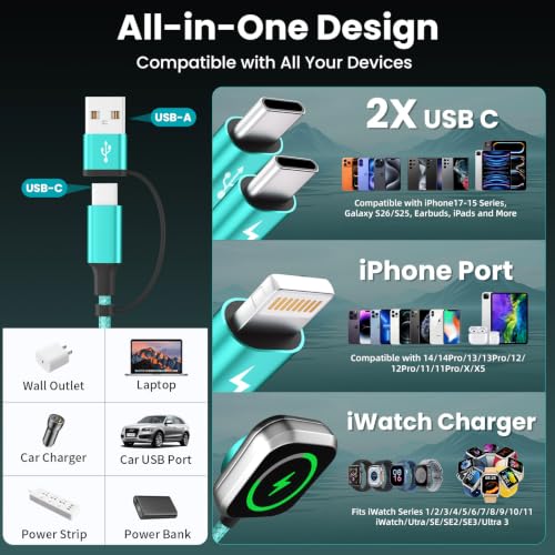 Image of Travel Essentials Multi Charging Cable with iWatch Charger /2 USB-C /IP, 5FT