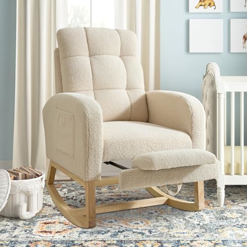 Image of cinkehome Nursery Rocking Chair with Retractable Foot Rest, Teddy Glider Rocking Chair, Mid Century Rocker Chair, High Back, Solid Wood Legs, Beige