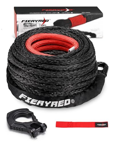 FIERYRED 1/2inch 92FT 31,500 LBS Synthetic Winch Rope Cable Kit with Forged Hook and Strap, Winch Line Replacement for 9500-12000LBS Winch 4WD Off-Road Vehicle Jeep Truck SUV