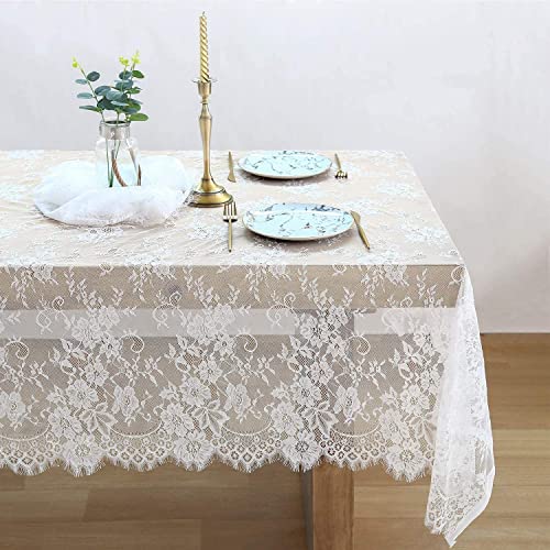 QueenDream Lace Tablecloth 2 Pieces 60 x 120 Inch White Wedding Tablecloth White Lace Overlay for Baby Shower Decorations