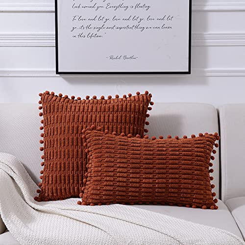 Fancy Homi 2 Packs Rust Decorative Throw Pillow Covers 18X18 Inch With Pom-Poms For Couch Bed Living Room, Farmhouse Boho Home Decor, Terracotta Soft Corduroy Cute Square Cushion Case 45X45 Cm #TOP5
