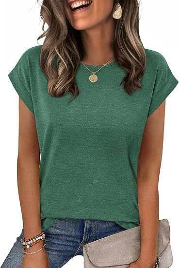 Women's Casual T-Shirt, Crewneck Cap Sleeve Top, Solid Green, Relaxed Fit, Everyday Wear