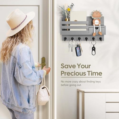 Image of Wooden Wall Mounted Key Holder with Hooks and Organizer Shelf Wall Rack for Letters Wallets and Accessories Home and Office Wall (Grey, Drawer Organizer)