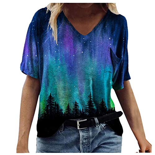 OutTop01 Summer Tops for Women Casual 3D Printing T Shirts Short Sleeve Plus Size Tunic Tops V Neck Tees Fashion Tops Blouses (#03-Blue, XXXL)