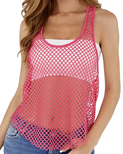 CLOZOZ Fishnet Tank Tops Mesh See Through Tops for Women Trendy Sheer Scoop Neck Sleeveless Going Out Tops Rosy