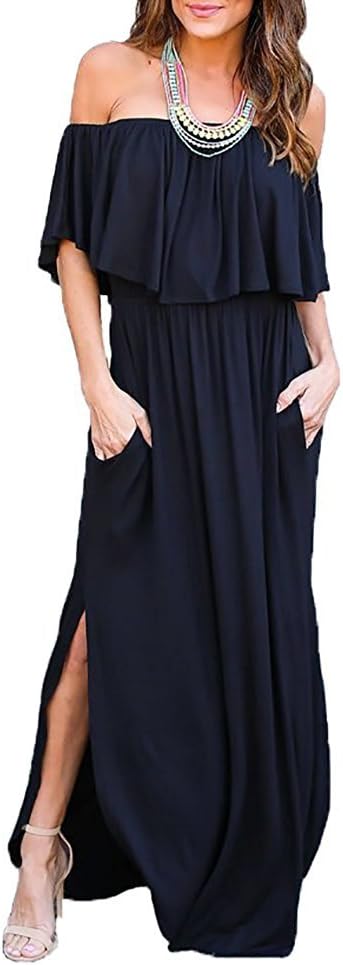 LILBETTERWomens Off The Shoulder Ruffle Party Dresses Side Split Beach Maxi Dress