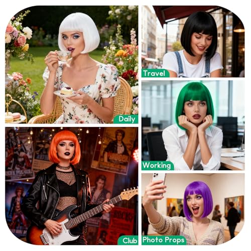 Image of 2 Pack Colored Bob Wigs and Heart Sunglasses Set, Green Hot Pink Short Straight Bob Wig with Bangs Neon Party Colorful Synthetic Hair for Women Men Halloween Costume Bachelorette Party Favors
