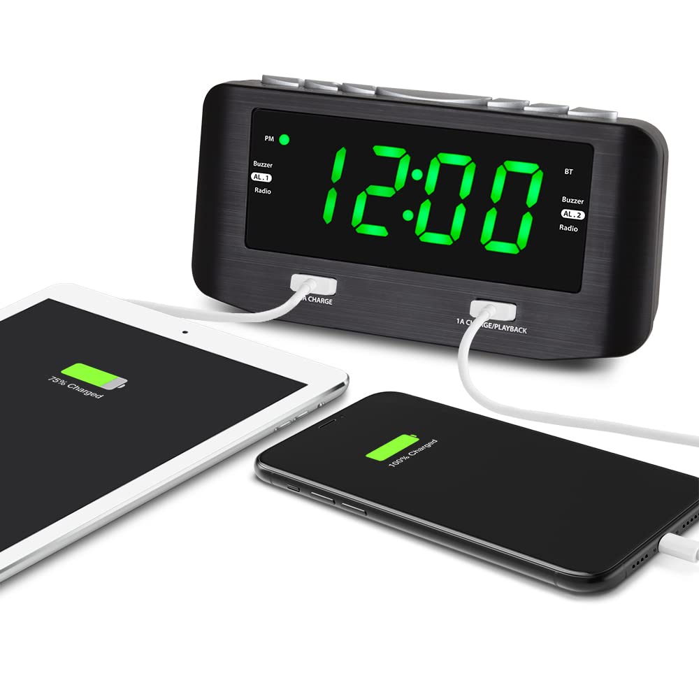 HANNLOMAX HX-146CR - Radio despertador PLL, radio FM, alarma dual, pantalla LED verde de 1.2 pulgadas, Bluetooth, 1 puerto USB para carga de 2.4 A y 1 puerto USB de carga de 1 A/reproducción de MP3