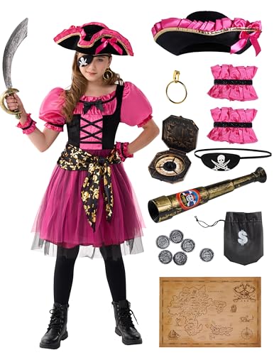 Spooktacular Creations - Disfarce de pirata para meninas, com vestido magenta. Perfeito para festas de Halloween e jogos de roleplay de princesa pirata. Tamanho para crianças pequenas. 3-4 Anos