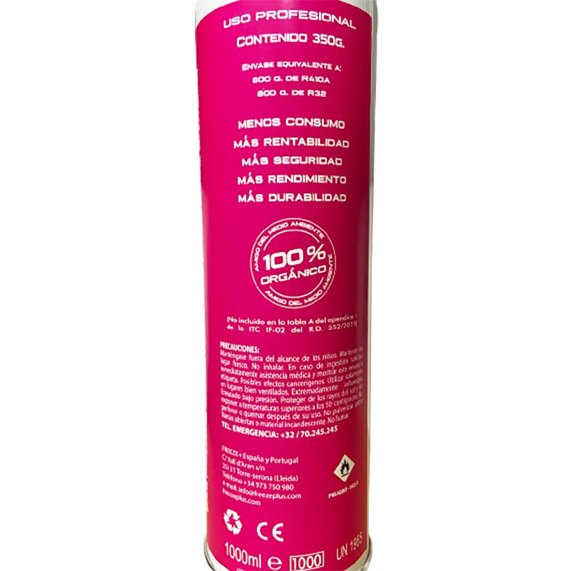 ENVASE GAS ORGÁNICO ECOLÓGICO FREEZE +32 ALTERNATIVO R410A R32 800gr +VALVULA + MANGUERA.