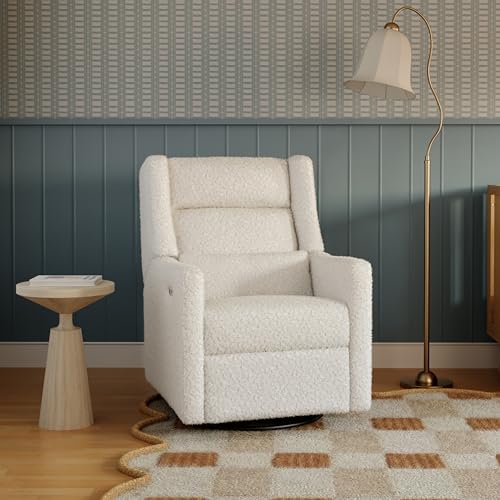 Image of Babyletto Kiwi Plus 270 Power Recliner Glider, Cream Shearling | GREENGUARD Certified Electronic Recliner & Swivel Glider w / Power Headrest, Lumbar Pillow, USB Port - For Feeding & Relaxing
