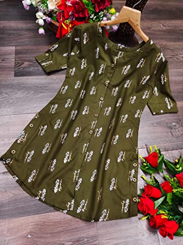 Image of OM SAI LATEST CREATION Slub Rayon Fully Stitched Anarkali Foil Print Kurti for Women & Girls on Jeans Palazzo or Skirt (Plus Size Upto 2XL) (Black)
