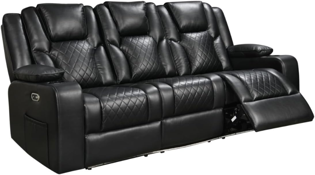 Orlando 3 Seater Electric Recliner Sofa โ Black Aire Leather Upholstery, Motorised Reclining Seats, USB Ports & Cup Holders, LED Lighting, Wireless Charging, Reading Lights โ Living Room Sofa