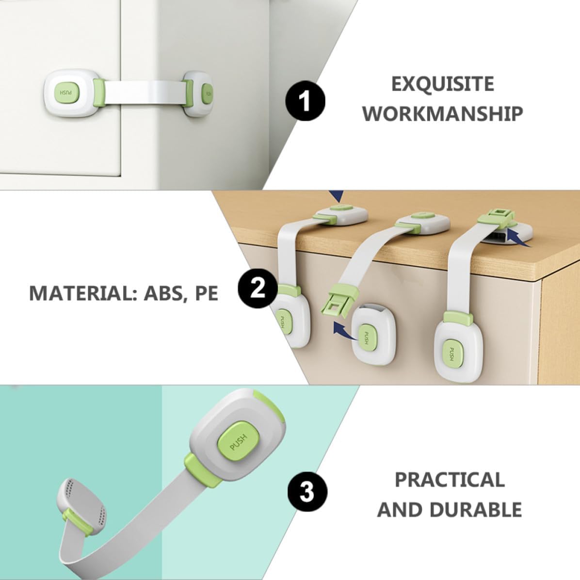 VICASKY 4pcs Childproof Cabinet Locks and Safety, Adhesive Furniture Straps with One Hand Operation, Sturdy Abs and Pe Material, Suitable for Refrigerator and Toilet Seat Protection