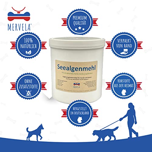 MERVELA Seealgenmehl Hunde | 500 Gramm | Mineralien Algen Hund | unterstützt Maul, Fell, Haut und Schilddrüse | optimales Barf Zusatz | Barf Pulver Futterzusatz | Barf Complete Nahrungsergänzung