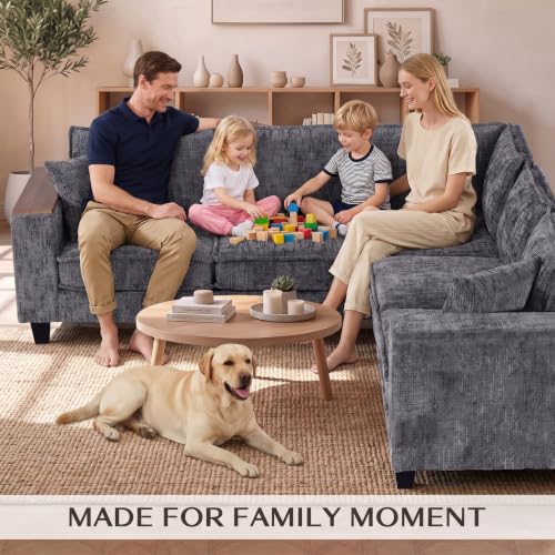 Image of 97 inch 5 Seat V-Shaped Sectional Couch, Modern Comfy Chenille Corner Sofa, Modular Convertible L-Shaped Couch, Convertible Sofa with Storage Armrests & 2 Pillows, Sectional Couches for Living Room, Grey
