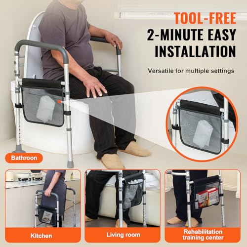 Happybuy Toilet Safety Rail - Folding Toilet Seat Frame with Adjustable Width and Height. Fits Most Toilets, Supports 300lbs. Stand - Alone Toilet Handles with Padded Arms for Handicap, Disabled