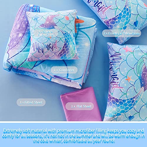Rynghipy 6Pcs Mermaid Tail Comforter Set For Kids Girls, Mermaid Fish Scale Bed In A Bag Twin Size, Sparkle Teal Purple Rainbow Bedroom Decor Bedding Set #TOP3