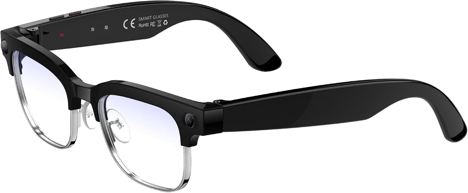 Smart Camera Glasses, 4K Video EIS Stabilization, AI Real-Time Translation, Voice Assistant, WiFi Transfer, IP66 Water Resistant, Audio Recorder for Vlogging Travel (Blue Light Protection)