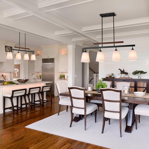Hogbu G010P-4BK Farmhouse Dining Room Light Fixture Over Table, 4-Light Kitchen Island Lighting, Rustic Wood Linear Chandeliers With White Fabric Shade thumb #5