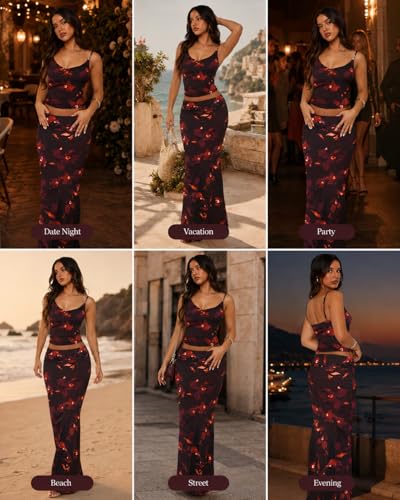 Image of Two Piece Skirt Set for Women - Sexy Sleeveless Spaghetti Strap Pleated Tank Top Maxi Long Skirts Sets