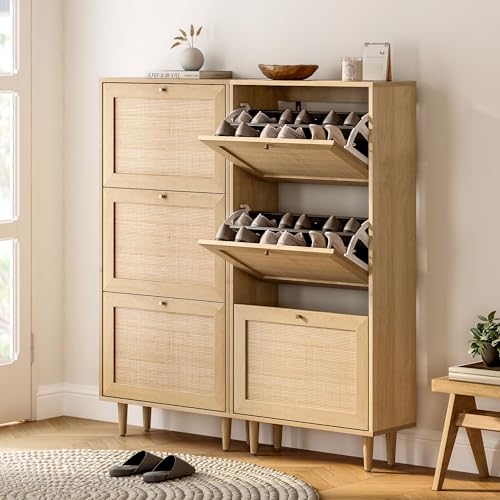 HOOLETE Narrow Shoe Cabinet with 6 Flip Drawers Hidden Freestanding Shoe Rack with Natural Rattan Doors Wooden Shoe Storage Cabinet with Solid Wood Legs for Entryway Apartment