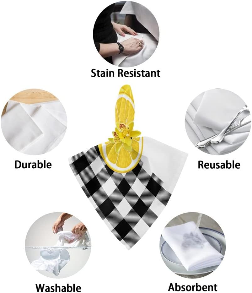 Lemon Black and White Lattice Table Napkins Cloth Set Soft Handkerchief Wedding Decoration Banquet Dinner Napkins Cloth(6pcs)