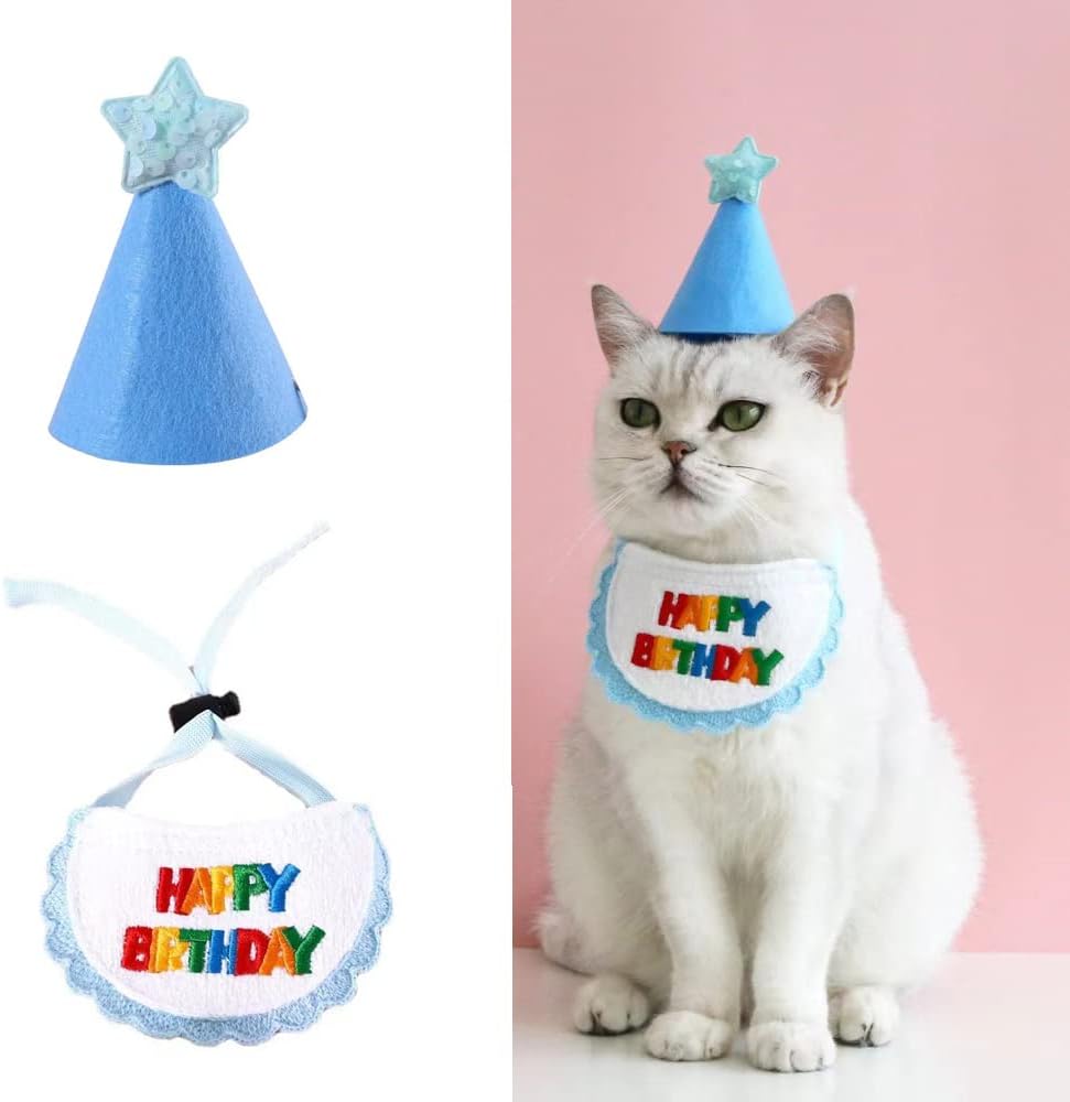 Pet Cat Dog Happy Birthday Bandana Scarfs and Party Hat Mini Doggy Cat Birthday Party Decoration Pet Birthday Outfit Pet Costumes Headwear Accessories (Blue)