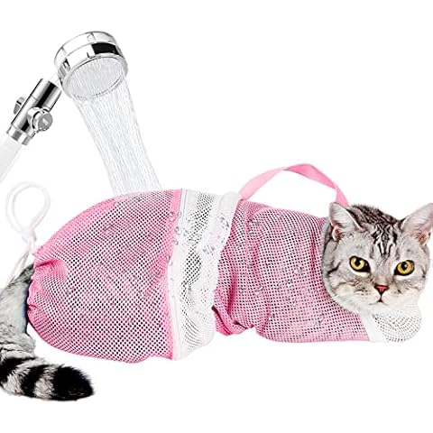 Cat Bathing Bag Adjustable Cat Grooming Net Bag Anti-bite & Anti-Scratch Cat Bath Washing Restraint Bag, Breathable Mesh Cat Grooming Bag for Shower, Nail Trimming, Injection (A-Pink) Cover