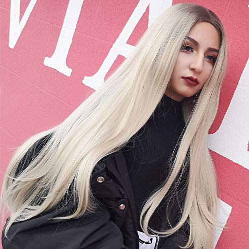 Blonde Wigs kanekalon Fiber Lace Front Wig, 24" Long Straight Synthetic Full Wig Dark Brown Root Ash Blonde Ombre 2 Tone Color For Black/White Women with Free 1 pairs Fashion earrings