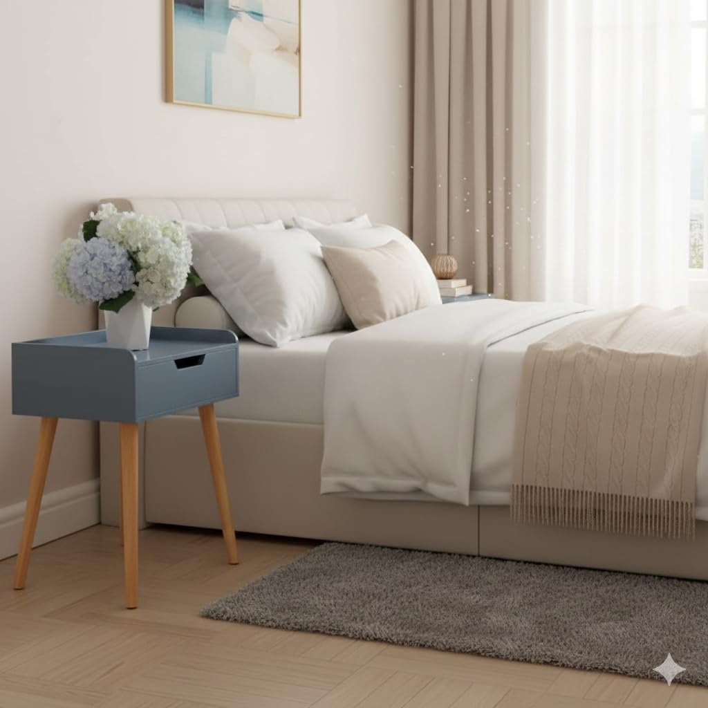 Modern Bedside Table with Storage Shelf and Drawer Wooden Legs Nightstand for Bedroom Living Room Side Table Compact End Table White W40xD30xH60 cm Grey Finish 1 Piece Home Furniture Set-image-18