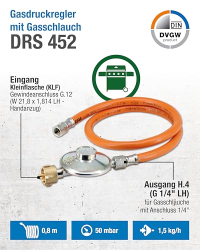 CFH Gasdruckregler Propan Gasflasche mit 80 cm Gasschlauch DRS 452 - Druckminderer 50 mbar, Eingang G.12 und Ausgang H.4 1/4\ gemäß EN 16129, DVGW zertifiziert, Ideal für Gasgrill und Camping Kocher