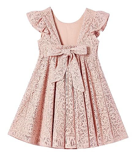 Rysly Toddler Girls Backless Flutter Sleeve Lace Party Dress Elastic Waist Bow Kid Casual Dresses