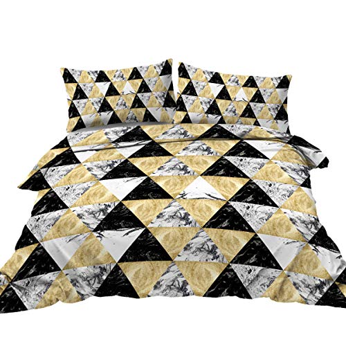 BlessLiving 3D Geometry Marble Texture Bedding Set Quilt Cover 3 Piece Black and Gold Modern Triangle Geometric Comforter Cover Abstract Marbled Bedspread (Queen)