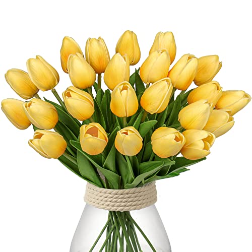Image of 24 Pcs Yellow Tulips Artificial Flowers Real Touch Fake Tulips Fake Flowers for Mother's Day 13.5 inch Faux Tulips Faux Flowers Bulk Artificial Tulips Flowers for Vase Centerpieces Home Wedding Bouquet