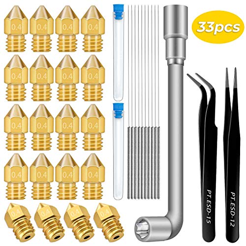 Hakkin - 20 boquillas para impresora 3D MK8 de 0,4 mm, con 10 agujas de limpieza de boquillas de acero inoxidable, 2 pinzas de precisión, 1 boquilla para Makerbot Creality CR-10 Ender 3 5
