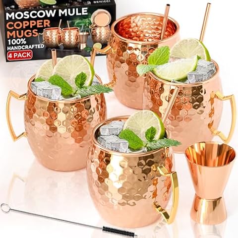 Benicci Moscow Mule Copper Mugs - Set of 4-100% HANDCRAFTED - Food Safe Pure Solid Copper Mugs - 16 oz Christmas Gift Set with Premium Quality Cocktail Copper Straws and Jigger! Cover