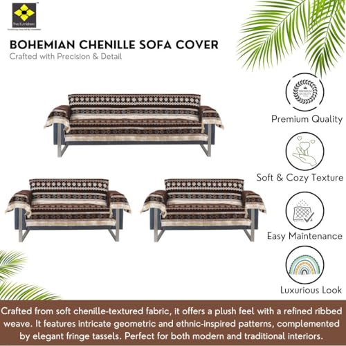Image of Elegant Woven Brown Sofa Cover Soft Chenille Traditional Pattern with Lace Style | L-Shape Sectional Seat Protector for Living Room | Durable & Stylish Slipcover 7 Seater with Arms