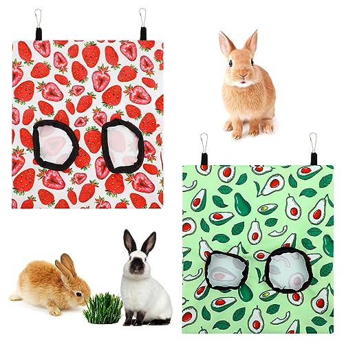 2 PCS Rabbit Hay Feeder, Hanging Hay Feeding Bag Hay Feeder Guinea Pig Small Animal Feeder Storage Racks with 2 Holes Rabbit Hay Bags Pet Food Bags for Bunny Chinchilla Hamster