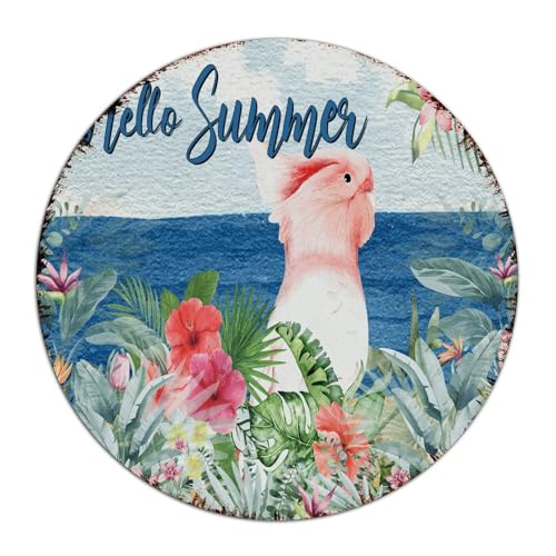Letreros de metal personalizados Hello Summer Parrot Decoración del hogar Letrero de metal de aluminio para baño, sala de estar, restaurantes, bar Tiki, piscina, jacuzzi, Luau, póster artístico,