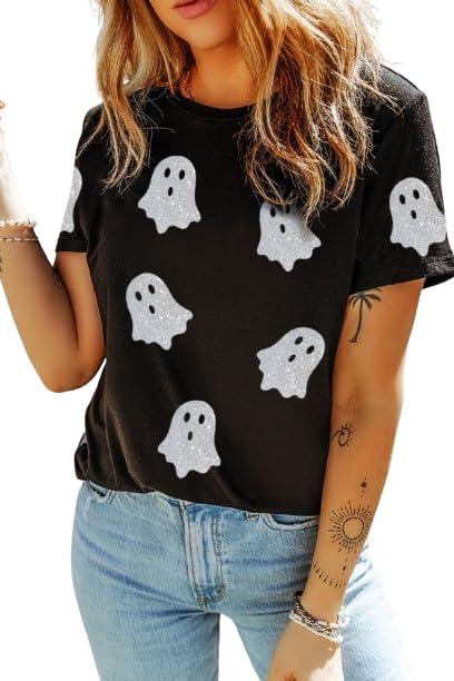 Opemiby Womens T Shirts Summer Spring Festive Crewneck Rolled Short Sleeves Fall Winter Holiday Casual Tee Tops Glitter Ghost XL