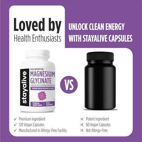 Image of STAY ALIVE Magnesium Glycinate Supplement, High Absorption, 120 Capsules for Muscle Recovery & Sleep Support, Non-GMO & Gluten Free Chelated Magnesium Supplement for Women and Men