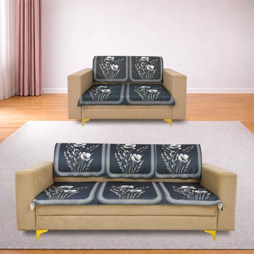Image of Homerz Premium Waterproof Jasmine Joe Sofa Seat Cover - Floral Printed Sofa Protector | Non-Slip, Washable & Durable Sofa Protector (Grey, 5 (3+2) Seater with Back)