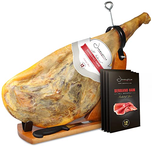 Jamonprive Serrano Ham Bone In From Spain 15-17 Lb + Ham Stand + Knife & Spanish Serrano Ham Sliced Dry-Cured (12Oz) - Cured Spanish Jamon With No Nitrates Or Nitrites All Natural - Gmo & Gluten Free #TOP4