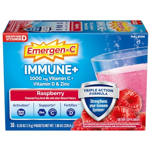 Emergen-C Immune+ Triple Action Immune Support Powder BetaVia (R) 1000mg Vitamin C B Vitamins Vitamin D and Antioxidants Raspberry 30 Count